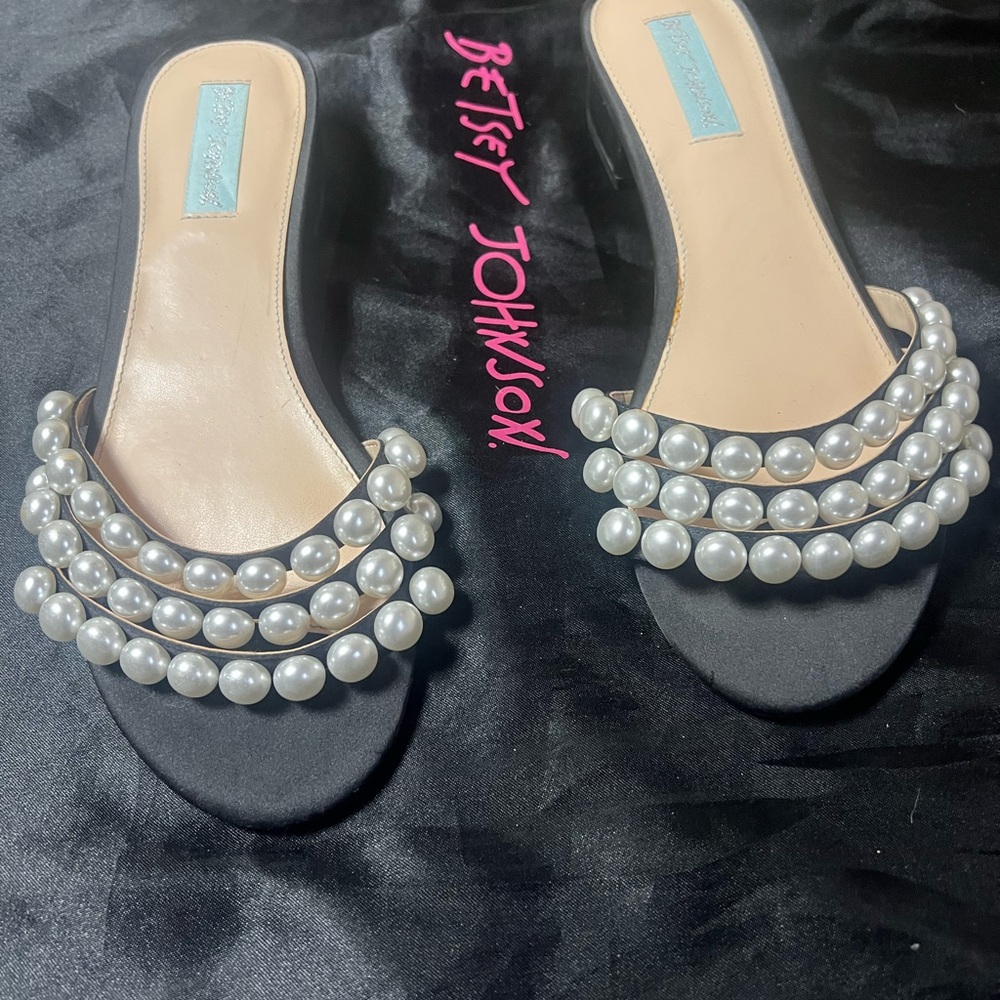 Betsey Johnson Black Mules with Pearl Accents